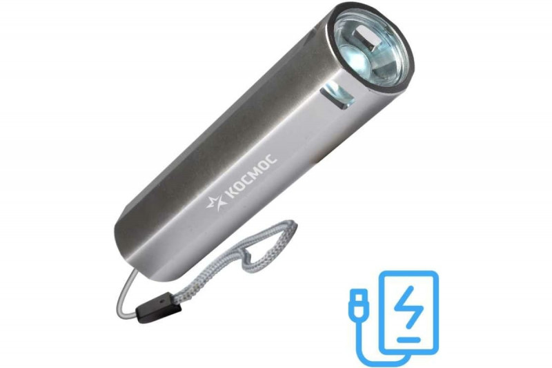 Фонарь ручной аккумуляторный 1Вт LED/линза/Li-ion 18650 1200mAh/Power-bank/ABS-пл/USB-шнур КОСМОС