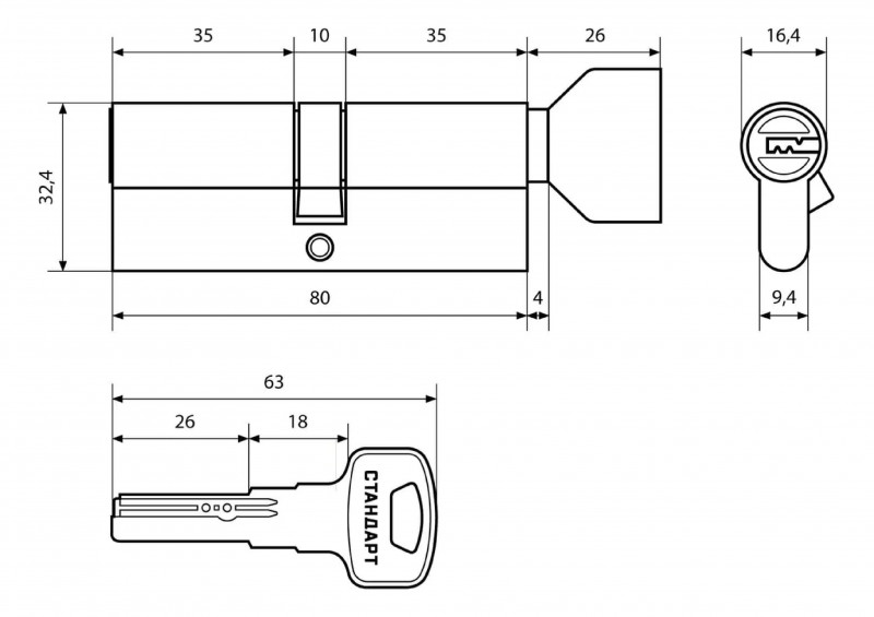Механизм цилиндровый Z.F.80-5K SN 35х10х35 кл/кл Стандарт